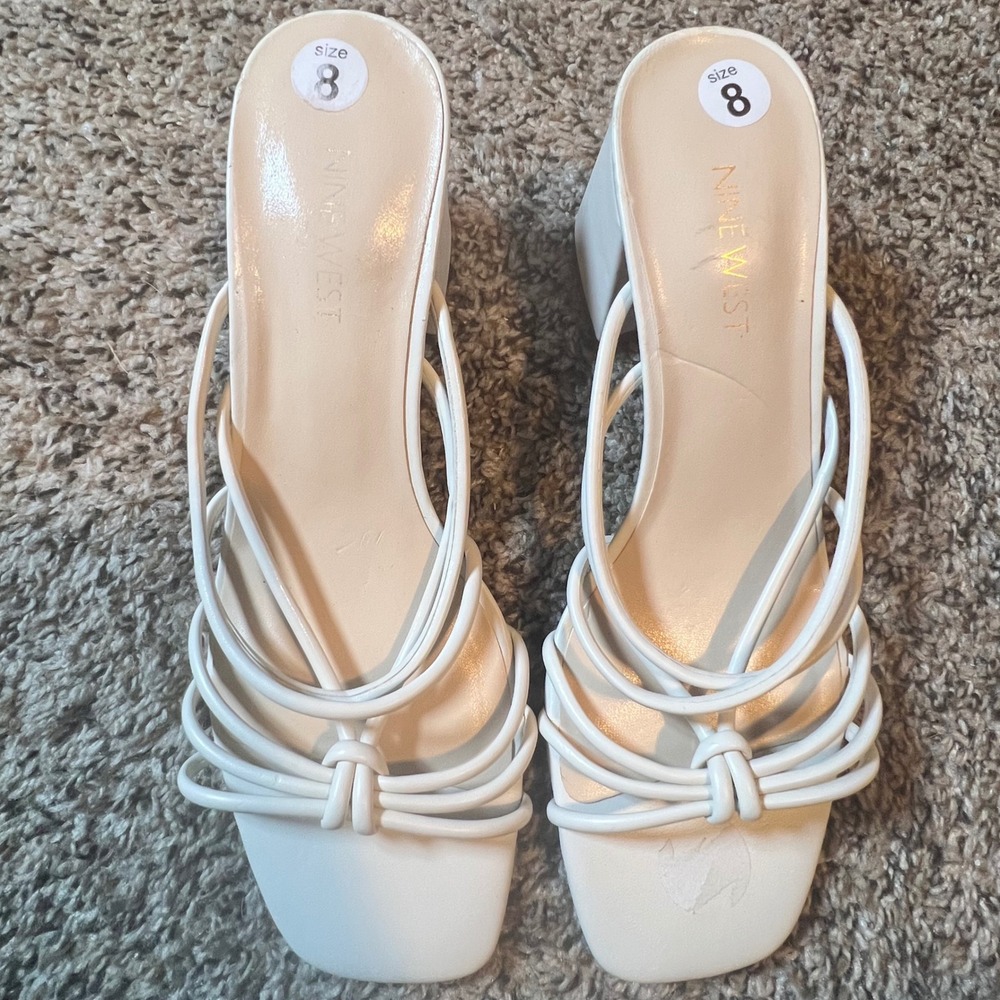 Nine West Gainer White Strappy Block Heel Sandals Square Toe Mules Womens 8M